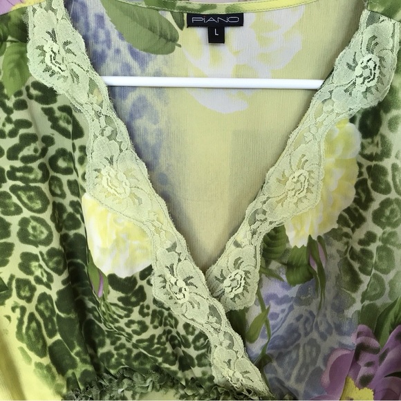 Piano Blouse Silky Pretty Empire Waist SzL Green/Yellow 3/4Sleeves - Picture 7 of 9